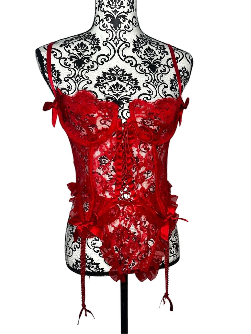 Vintage Victoria's Secret Red Lace Bustier Corset with Garter Straps Set 36C
